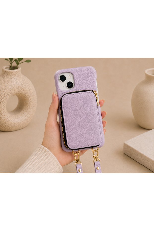 iPhone 15 Plus (6.7 Inch) Compatible Premium Lux Leather Case with Open Sides, Slim Design, Wallet, Zipper, Card Holder, Crossbody Neck Strap, and Drawstring Strap