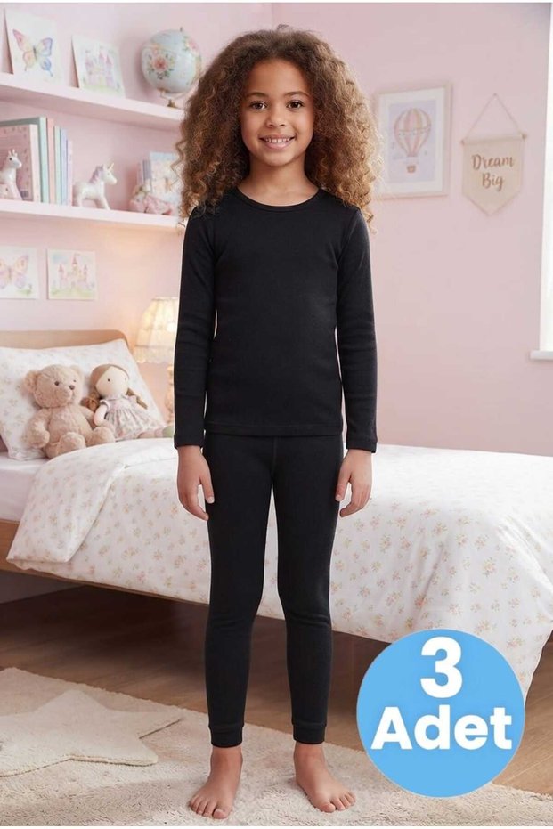 Girl's Black Thermal Underwear Set, Set of 3