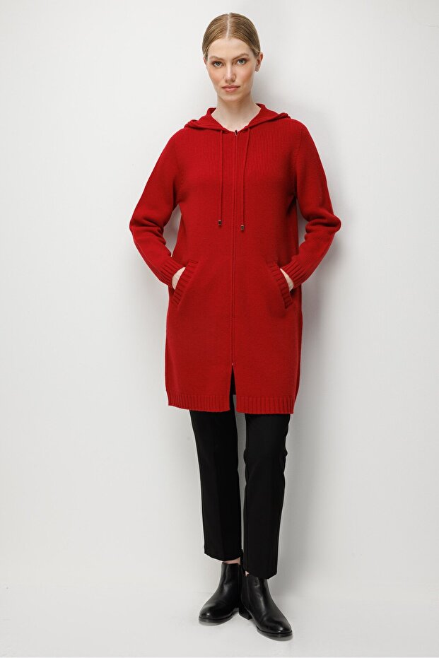 Women's Hooded Basic Long Wool Cardigan Red