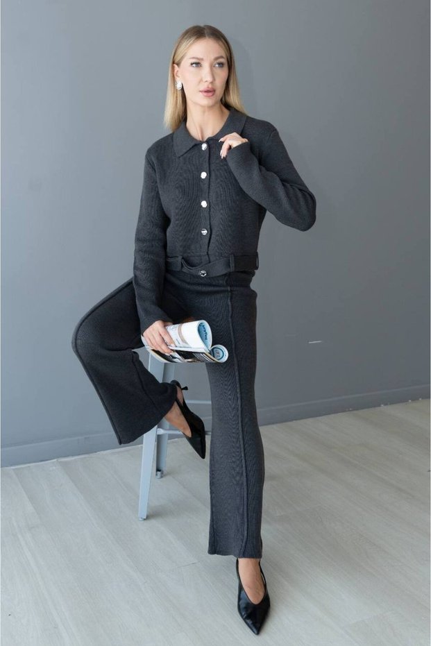 Polo Collar Gold Button Detailed Belted High Waist Spanish Leggings Knitwear Top and Bottom Set Aw26Au0002