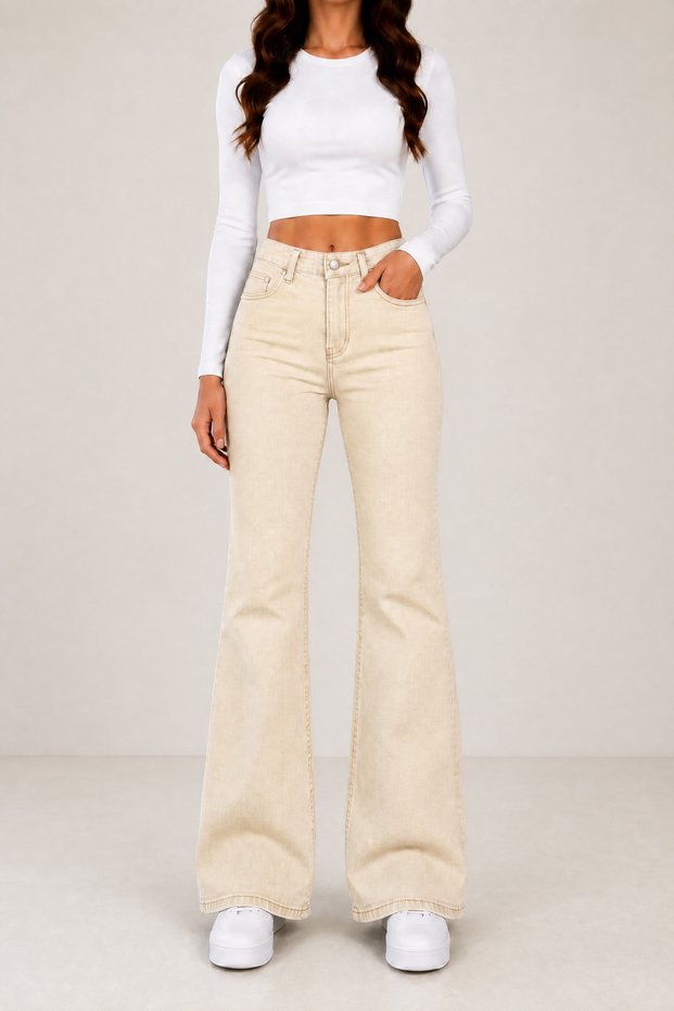 Lucia Women's Beige High Waist Lycra Flared Jeans