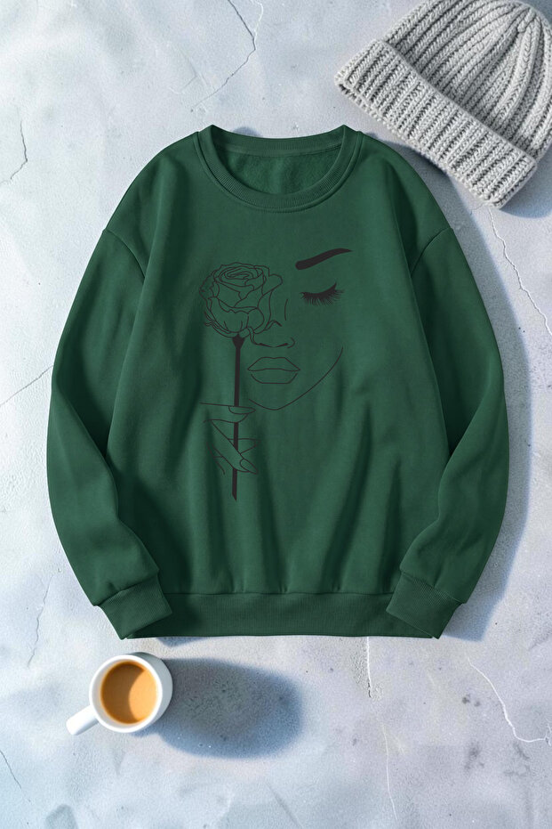 Unisex Rose & Silhouette Printed Crew Neck Sweatshirt