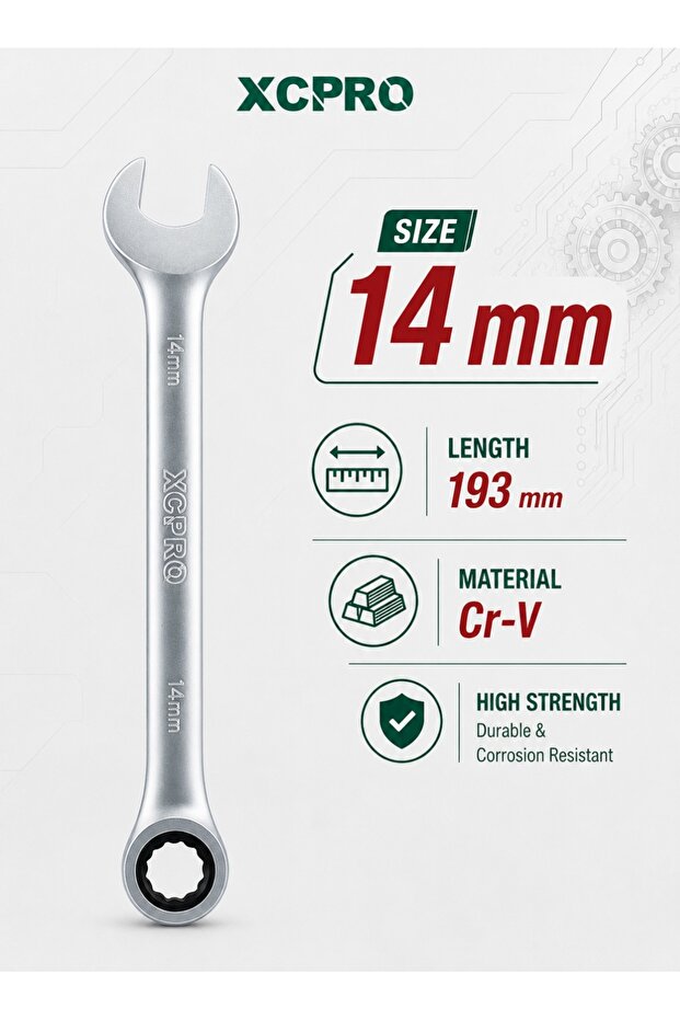 مفتاح راتشيت، مفتاح ربط راتشيت، مفتاح CRV - مقاس 14 مم، طول 193 مم، مطلي بالكروم بلمسة نهائية غير لامعة