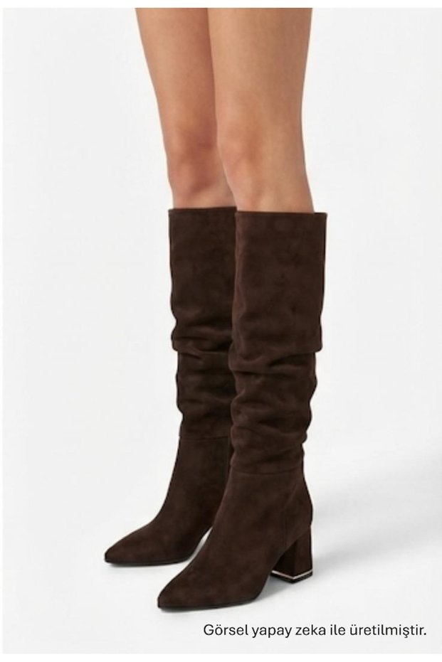 Brown Suede Bellows Pointed Toe Women's 6.5 cm Thick Heeled Boots