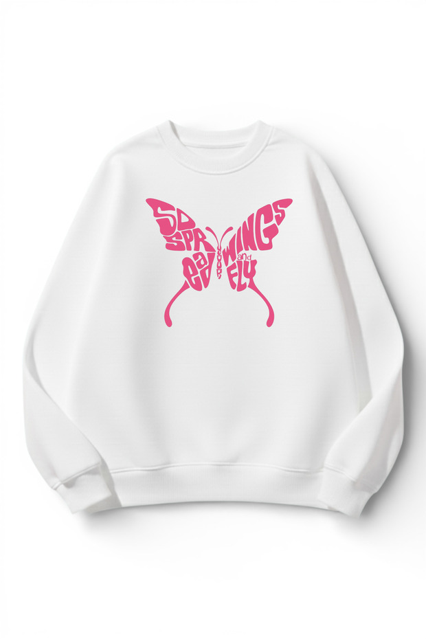 Unisex Soft Textured Butterfly Printed Design Oversize 3 Thread Crew Neck Sweatshirt