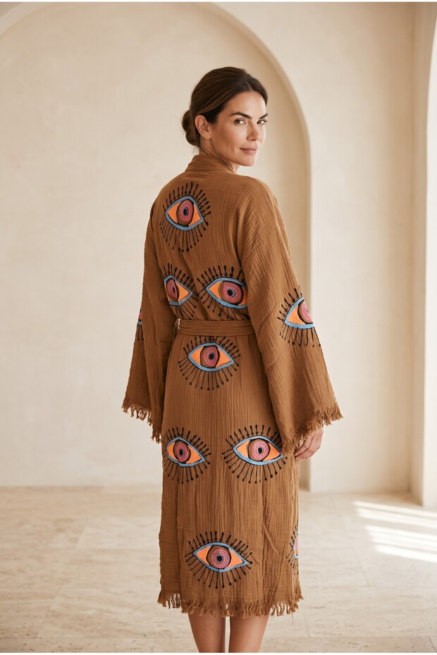 Women's Muslin Long Kaftan with Evil Eye Motif Bohemian Kimono