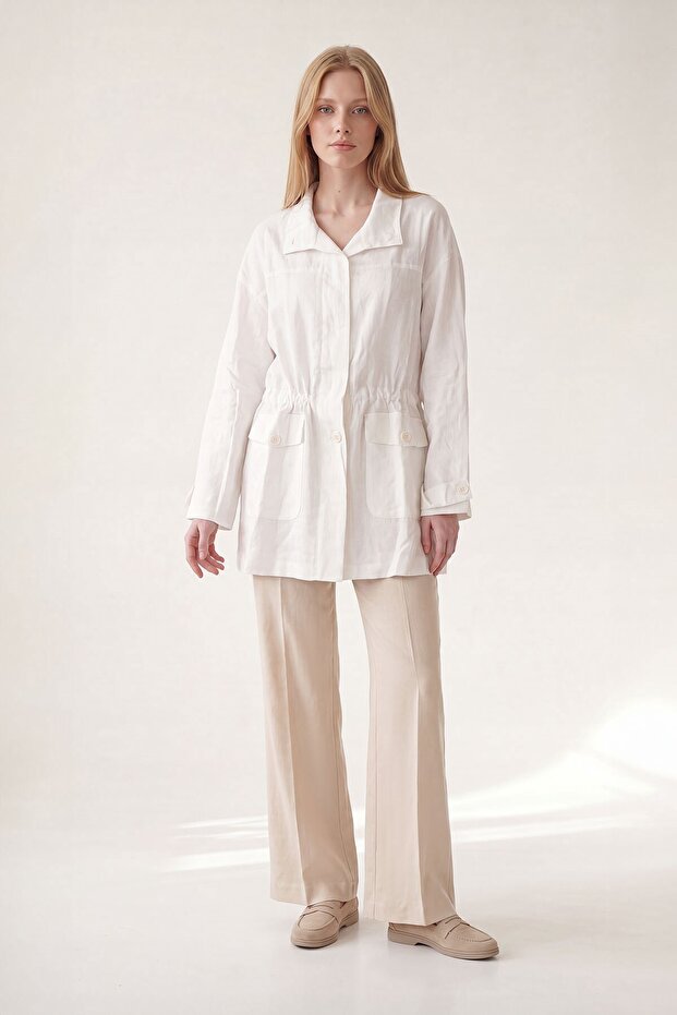 White shirt with drawstring waist and pockets
