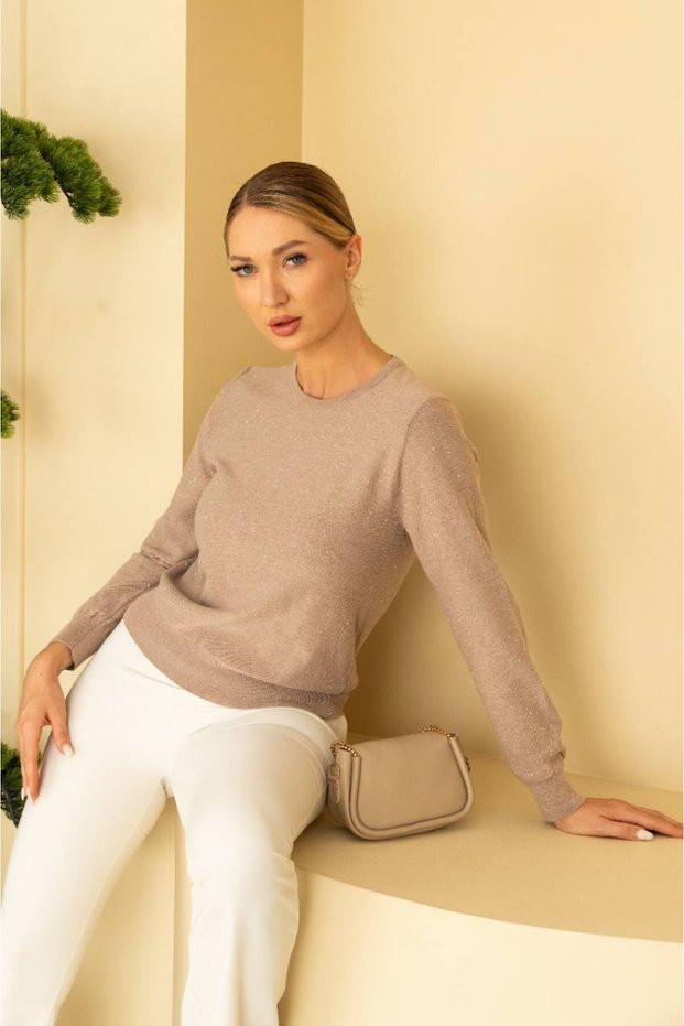 Crew Neck Stone Detailed Long Sleeve Soft Textured Knit Sweater Aw26Kz00026