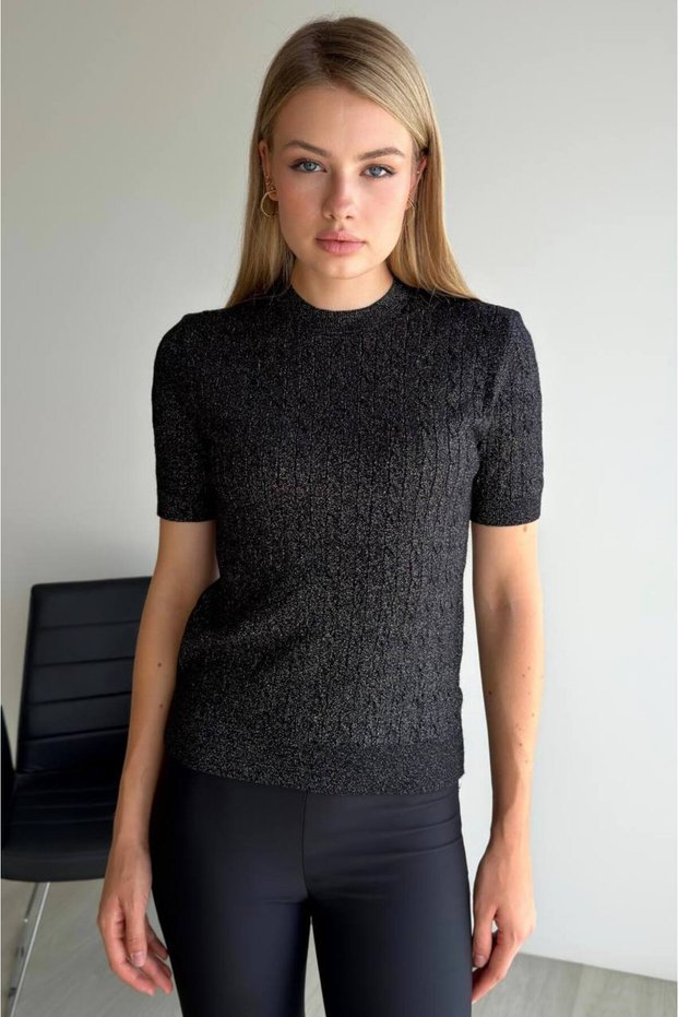 Crew Neck Glitter Hair Braid Pattern Short Sleeve Slim Fit Knitwear Blouse Aw26Bz0005