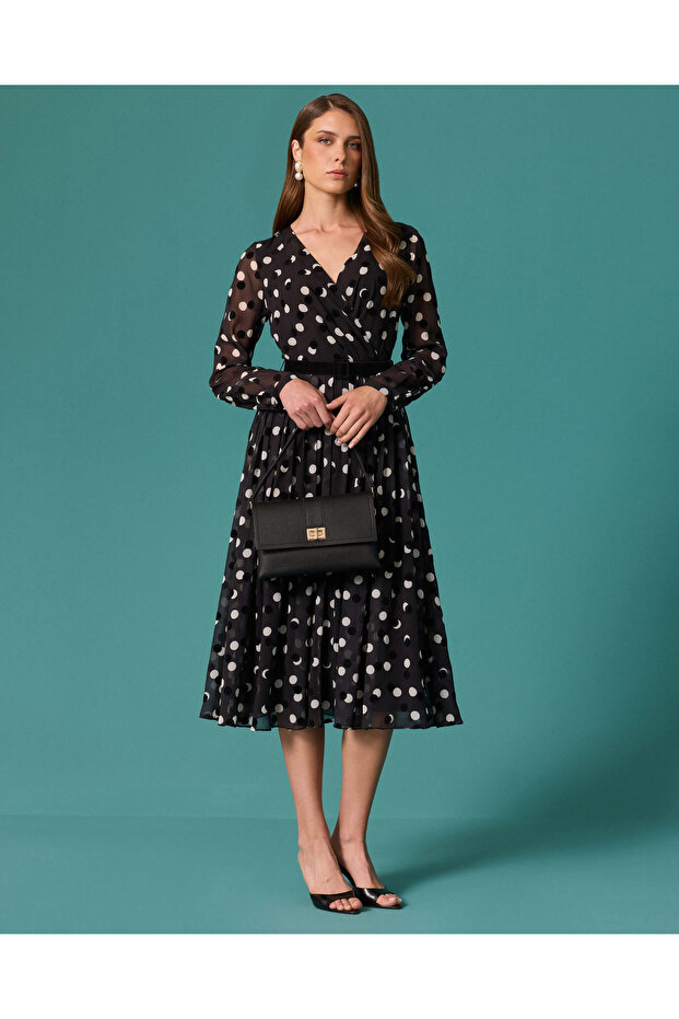 Polka Dot Double Breasted Collar Belted Chiffon Dress