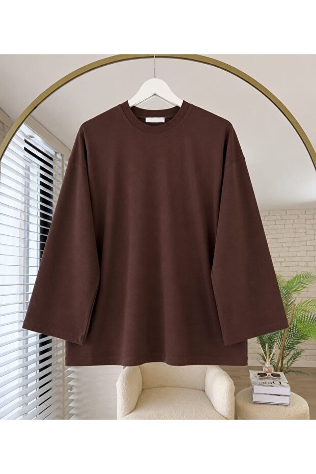 Brown Women's Hijab Tunic Combed Cotton Blouse Oversize Loose Long Sleeve Basic Crew Neck Tunic