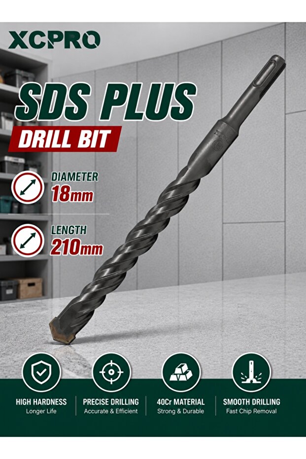 لقمة حفر SDS Plus، لقمة حفر للخرسانة - 18×210 مم بطرف كربيدي، ساق SDS Plus، لحفر البناء، ملحق للمطرقة الدوارة