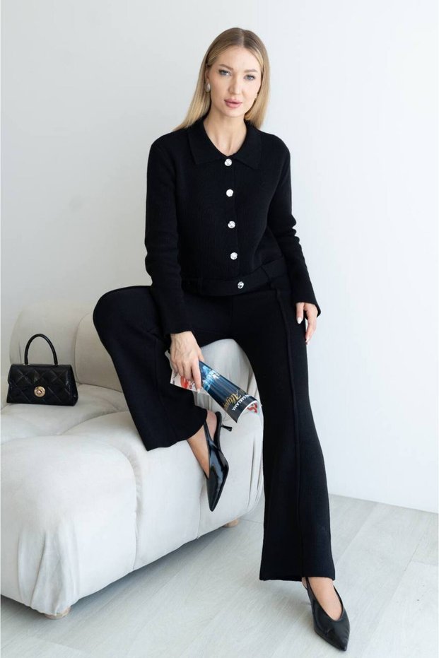 Polo Collar Gold Button Detailed Belted High Waist Spanish Leggings Knitwear Top and Bottom Set Aw26Au0002