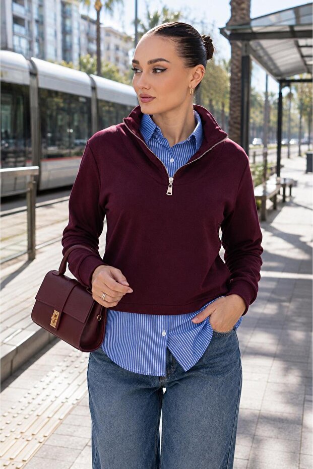 Women's Shirt Collar Look Zippered Sweatshirt 265129 -