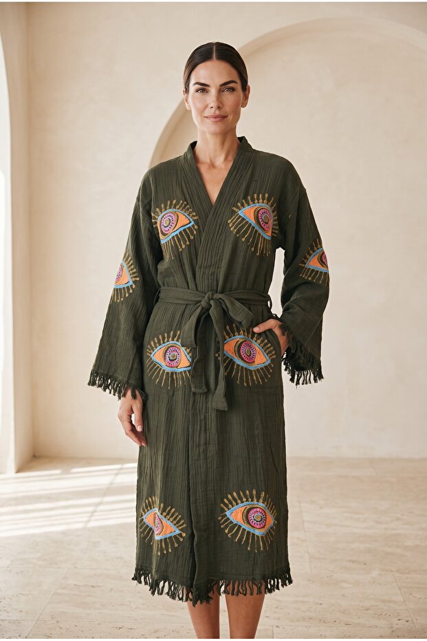 Women's Muslin Long Kaftan with Evil Eye Motif Bohemian Kimono