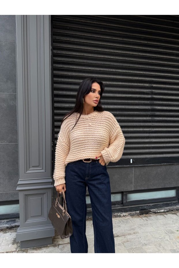 Crew Neck Thick Knit Drop Shoulder Oversize Loose Long Sleeve Knitwear Sweater Aw26Kz00031