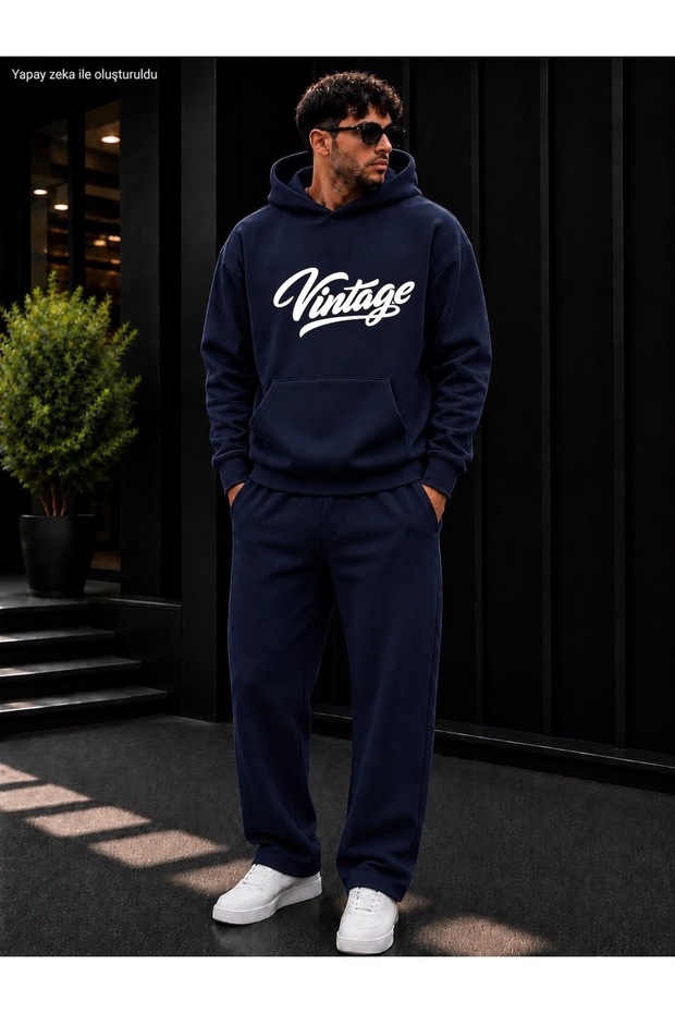 Men's Vintage Script Printed Tracksuit Set / Hooded Sweatshirt and Straight-Leg Bottoms