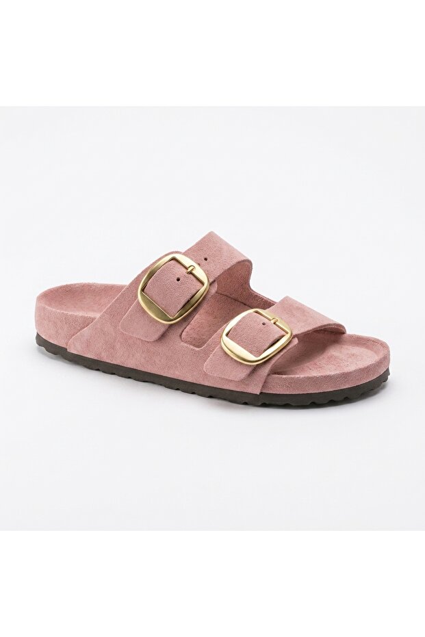 Mk205 Powder Pink Genuine Suede Leather Full Covered Cork Sole Double Buckle Unisex Orthopedic Slippers