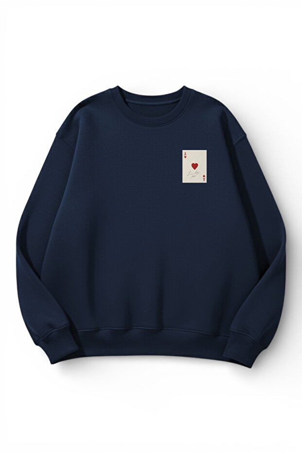 Unisex Soft Textured Lucky Heart Ace Printed Design Oversize 3 Yarn Crew Neck Sweatshirt