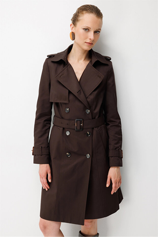Apoletli Belted Cotton Trench Coat 6003