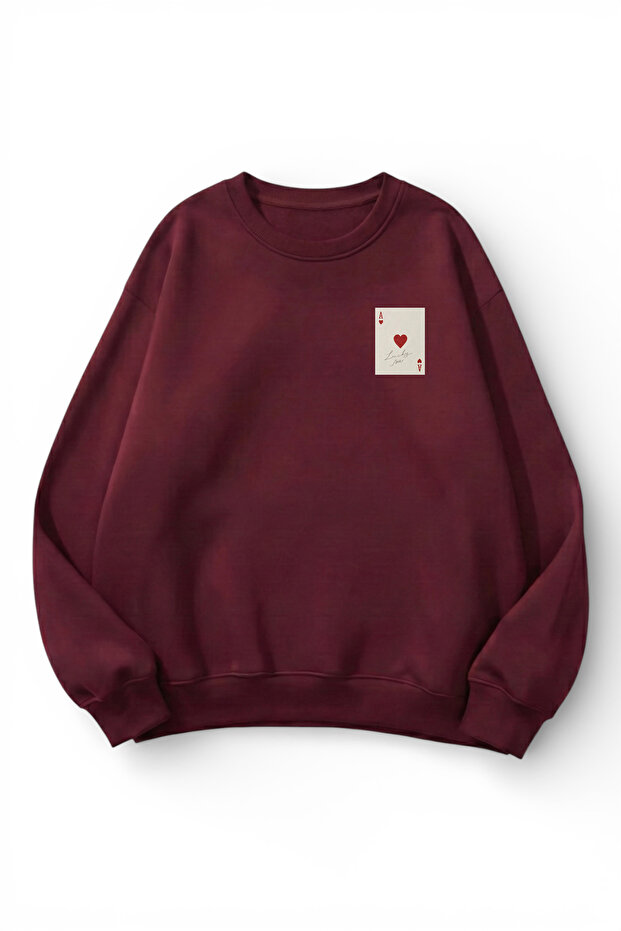 Unisex Soft Textured Lucky Heart Ace Printed Design Oversize 3 Yarn Crew Neck Sweatshirt