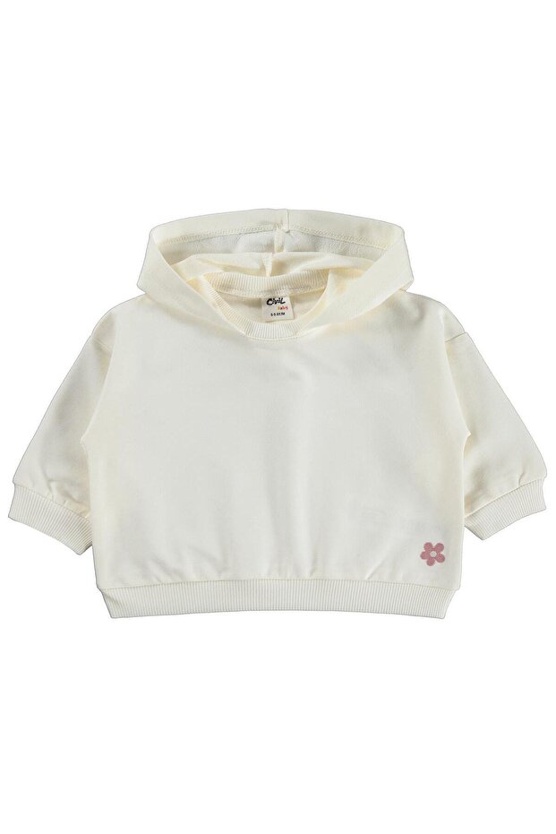 Floral Embroidered Hooded Basic Sweatshirt for 6-18 Months - Ecru