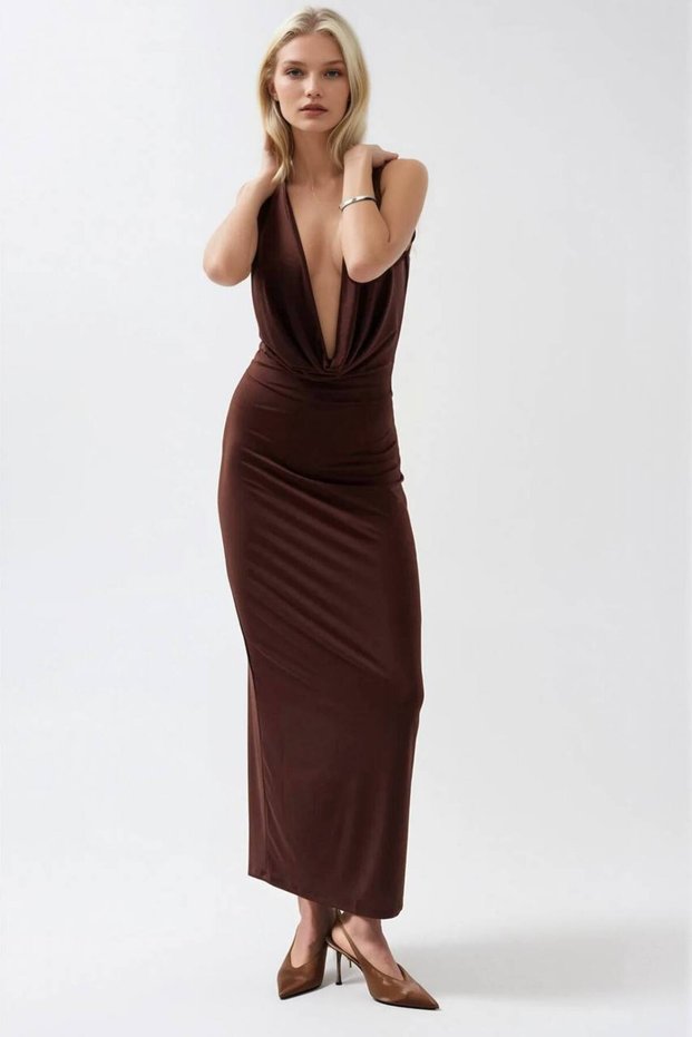 Shawl Collar Lycra Stretch Fabric Low-Cut Detailed Women's Maxi Evening Dress 52225052