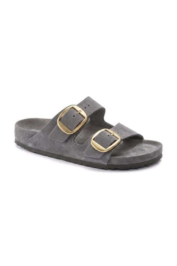 Mk205 Gray Genuine Suede Leather Full Covered Cork Sole Double Buckle Unisex Orthopedic Slippers