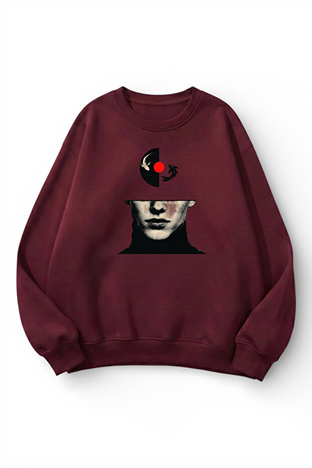 Unisex Soft Textured Ying Yang Printed Design Oversize 3 Thread Crew Neck Sweatshirt