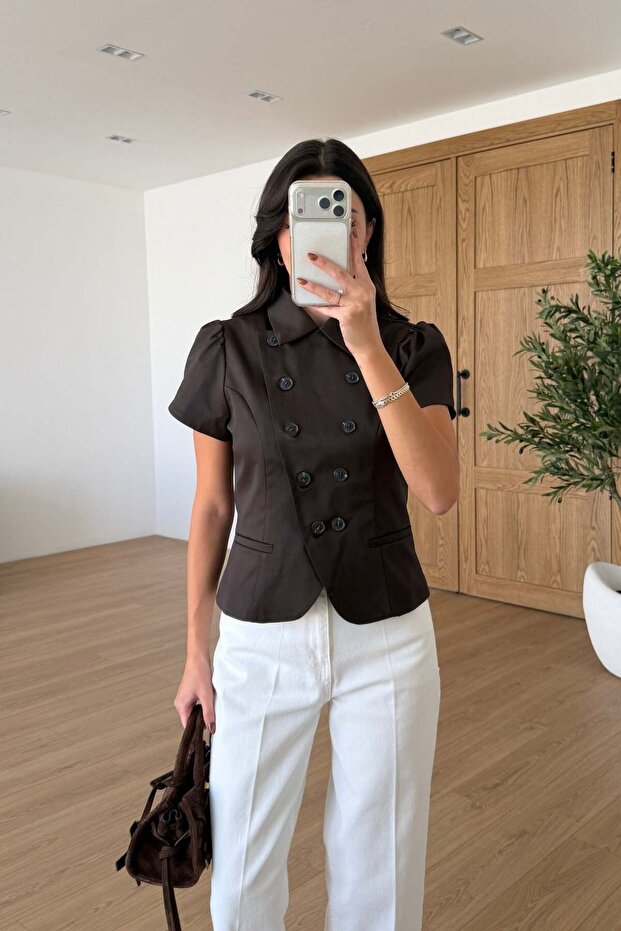 Double Collar Button Detail Lining Short Sleeve Modal Jacket Blouse Brown