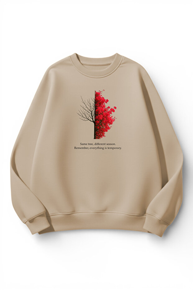 Unisex Soft Textured Red Tree Printed Design Oversize 3 Thread Crew Neck Sweatshirt