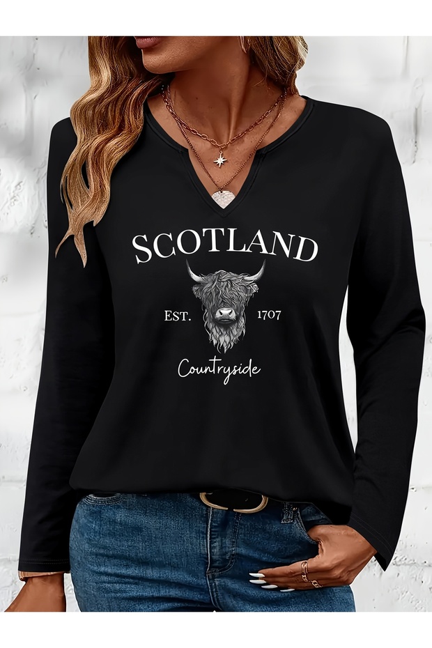 Scotland Printed Cotton Half V-Neck Long Sleeve Blouse T-Shirt