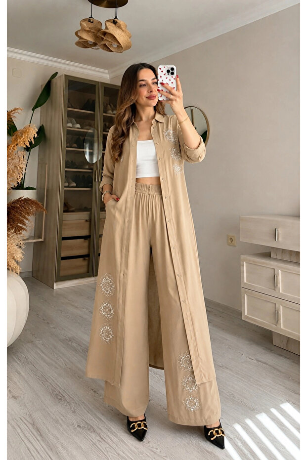 Silver Embroidered Suit Beige