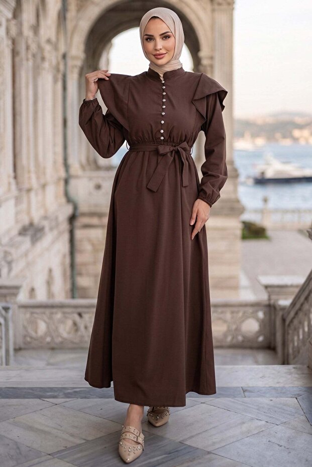 Pearl Button Detailed Ruffle Hijab Dress Bitter Coffee Hnt0317