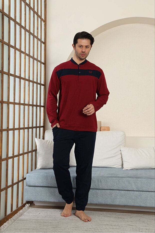 Mooda Men's Buttoned Judge Collar 95% Cotton 5% Lycra Cotton Pajama Set