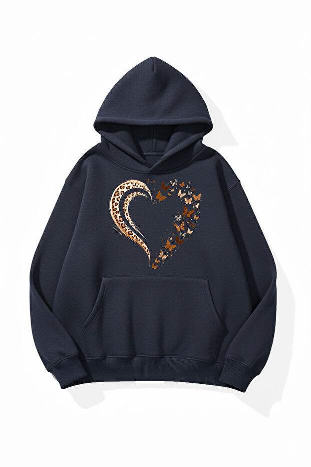 Unisex Soft Textured Leopard and Butterfly Heart Printed Design Oversize 3 Thread Hoodie Sweatshirt