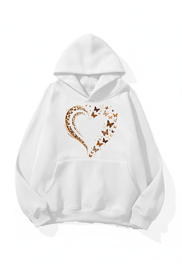 Unisex Soft Textured Leopard and Butterfly Heart Printed Design Oversize 3 Thread Hoodie Sweatshirt