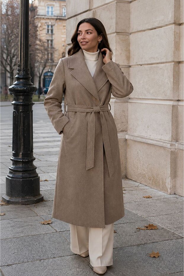 Long Cashmere Coat with Belt, Lined, Stylish Premium Winter Coat