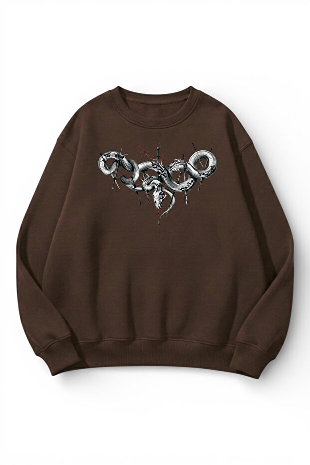 Unisex Soft Textured Snake Tribal Printed Design Oversize 3 Thread Crew Neck Sweatshirt
