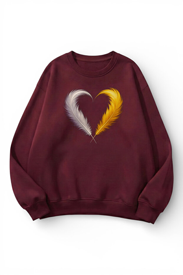 Unisex Soft Textured Feather Heart Printed Design Oversize 3 Thread Crew Neck Sweatshirt