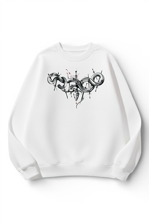 Unisex Soft Textured Snake Tribal Printed Design Oversize 3 Thread Crew Neck Sweatshirt
