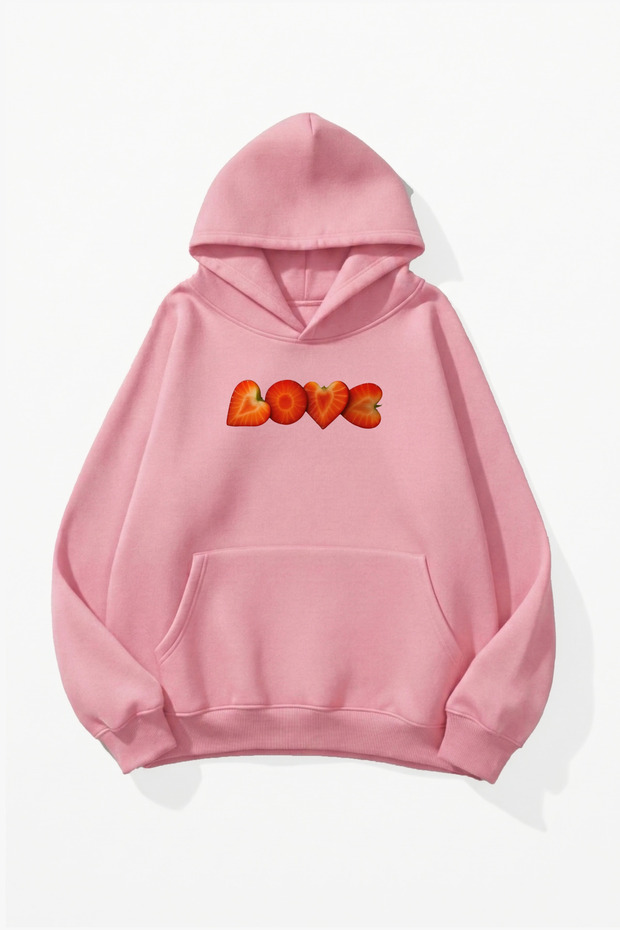 Unisex Soft Textured Love Strawberry Printed Design Oversize 3 Thread Hoodie Sweatshirt
