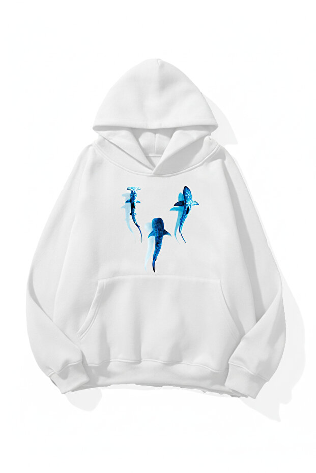 Unisex Soft Textured Sapphire Whales Printed Design Oversize 3 Thread Hoodie Sweatshirt