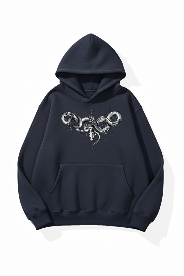 Unisex Soft Textured Tribal Snake Printed Design Oversize 3 Thread Hoodie Sweatshirt
