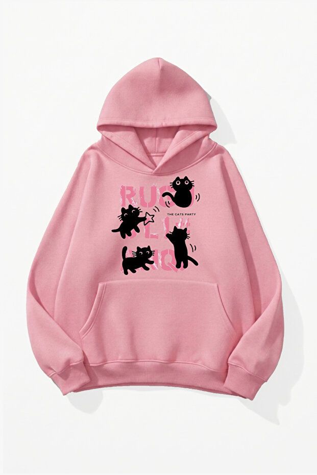 Unisex Soft Textured Cat Chaos Printed Design Oversize 3 Thread Hoodie Sweatshirt