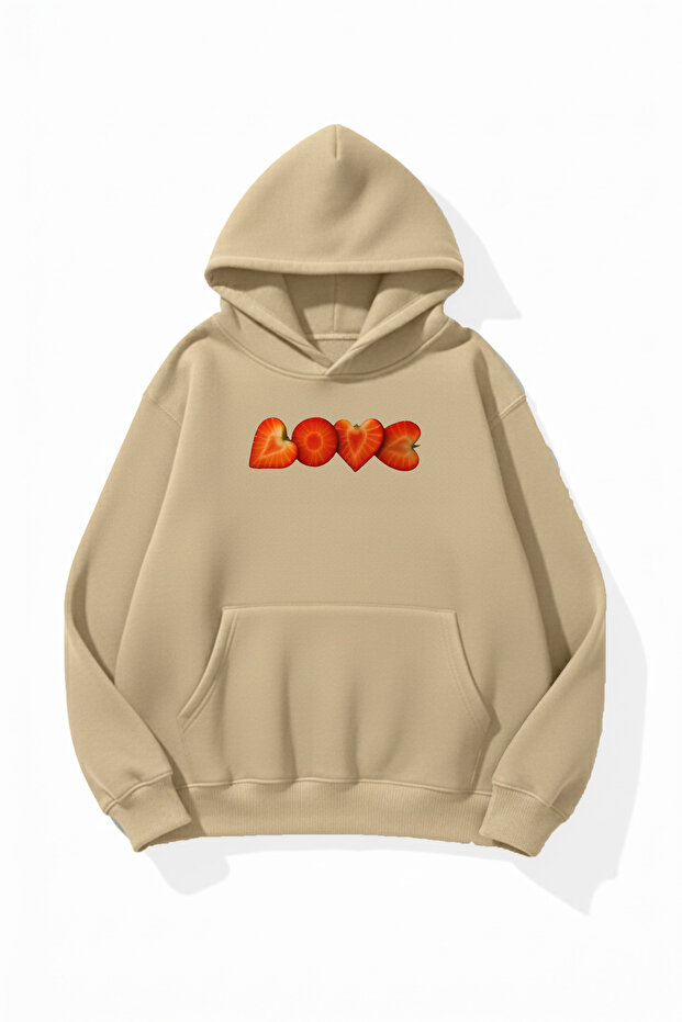 Unisex Soft Textured Love Strawberry Printed Design Oversize 3 Thread Hoodie Sweatshirt