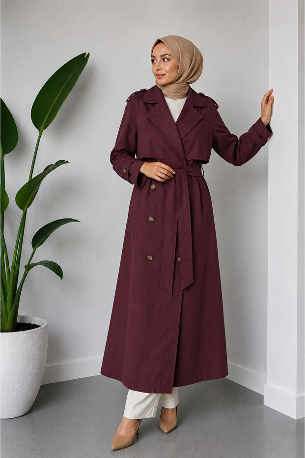Women's Modal Tencel Belted Pocketed Lined Long Trench Coat