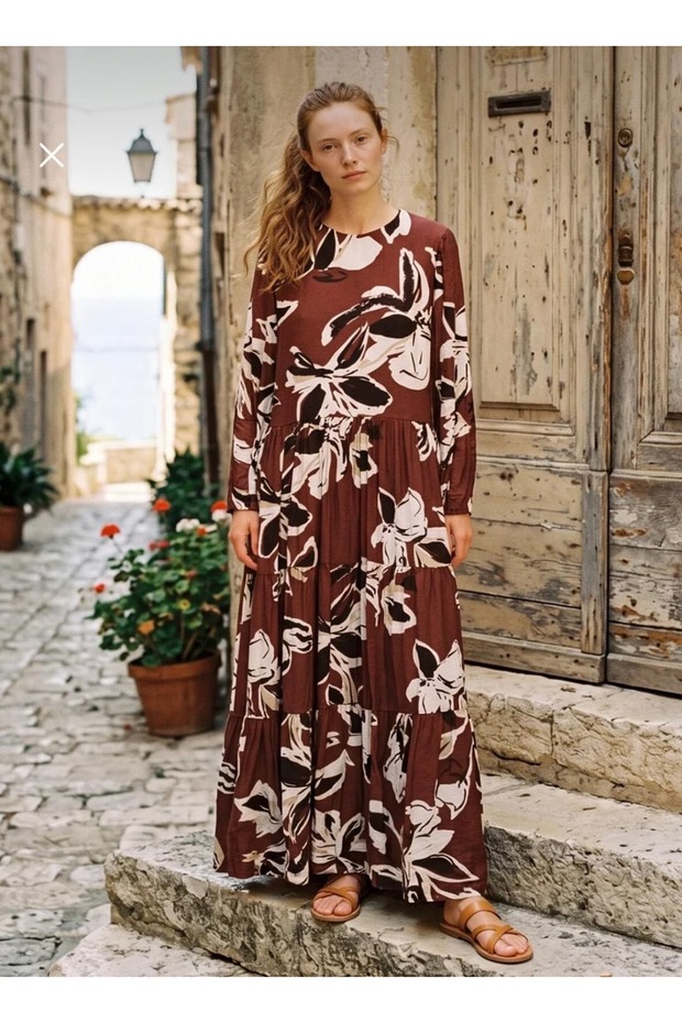 Patterned Waist Cinched Dress with Belt