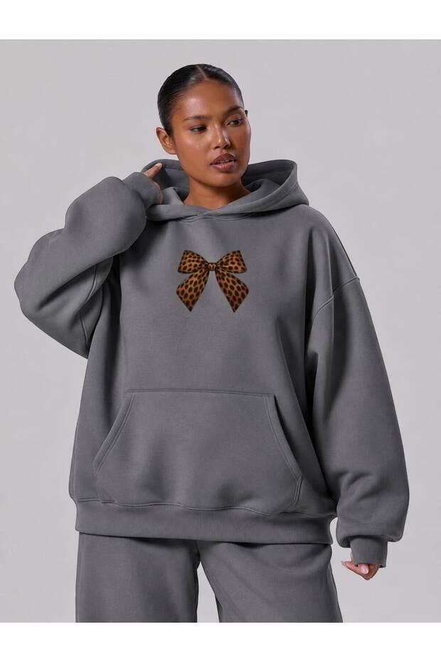 3 Yarn Combed Cotton Ribbon Leopard Pattern Printed Large Size Unisex Sweatshirt Mq1
