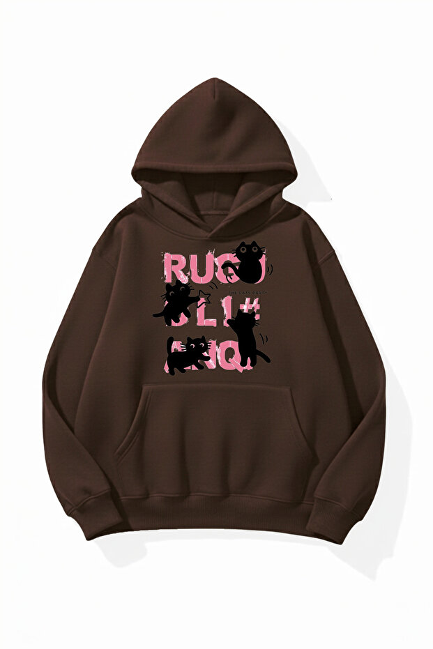 Unisex Soft Textured Cat Chaos Printed Design Oversize 3 Thread Hoodie Sweatshirt